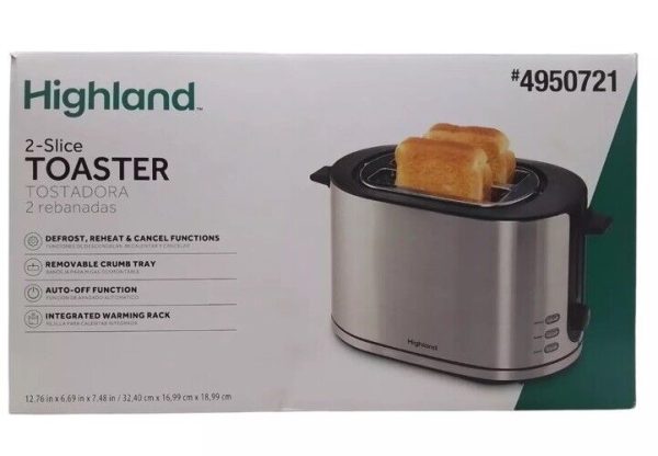 Highland TA1416B-UL Toaster Stainless Steel 2 Slice Toaster 800 Watt NEW