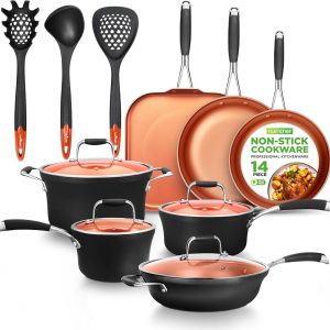 14-Piece Copper Non-Stick Cookware Set – Stackable Pots and Pans with Lids, 3-La