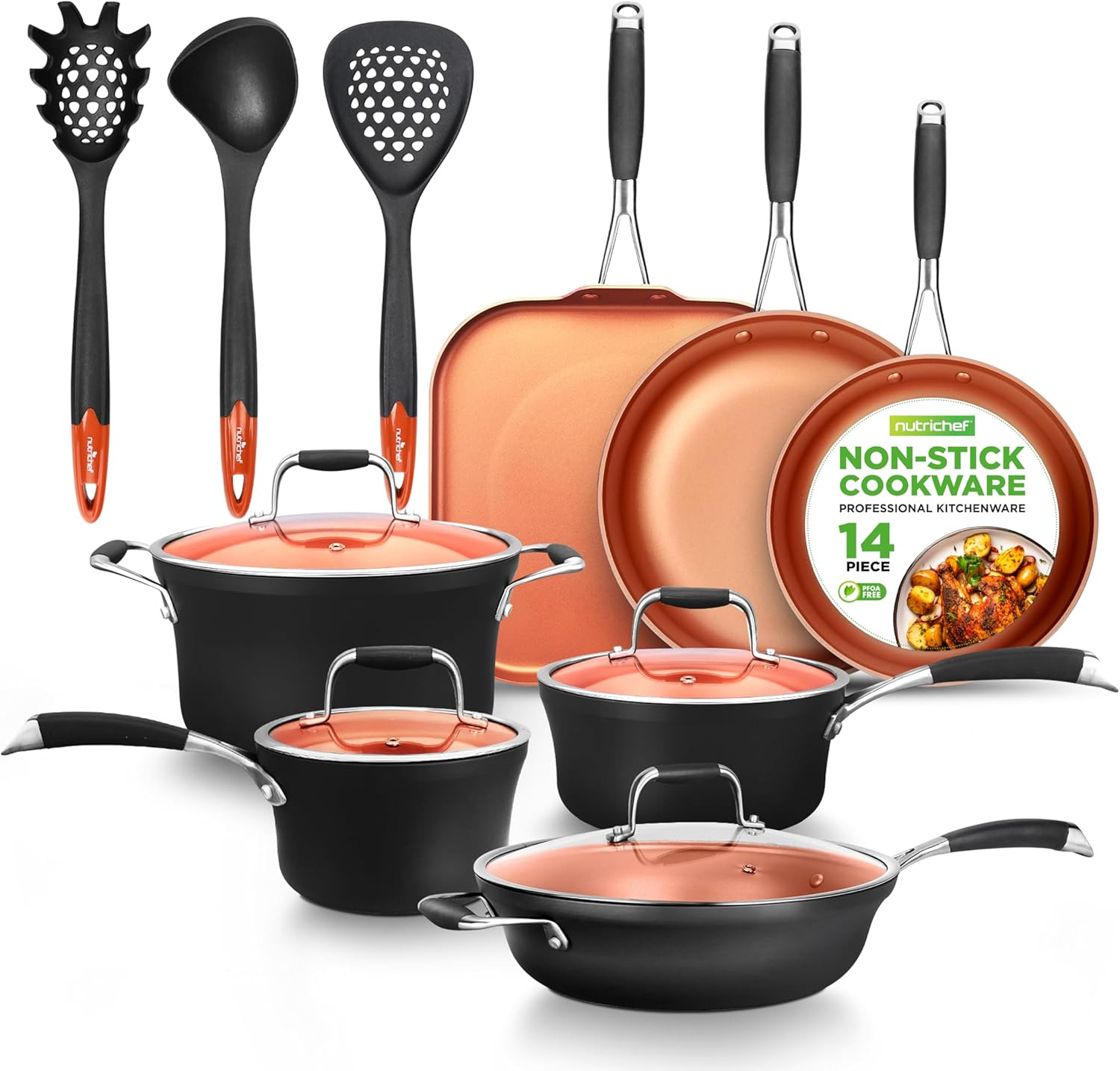 14-Piece Copper Non-Stick Cookware Set – Stackable Pots and Pans with Lids, 3-La