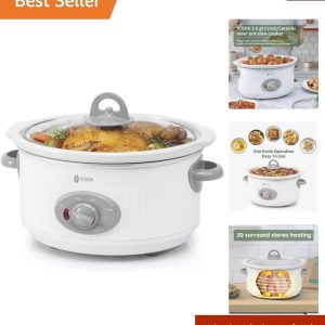 3.5 Quart Oval Slow Cooker with Removable Ceramic Pot & Glass Lid – White