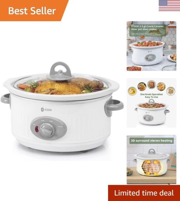 3.5 Quart Oval Slow Cooker with Removable Ceramic Pot & Glass Lid – White