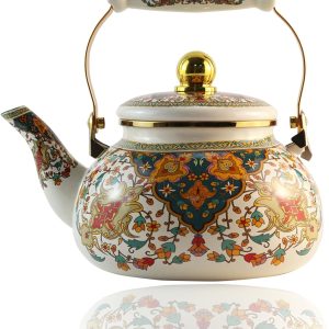 Floral Enamel Tea Kettle Vintage Gold Beige Teapot Colorful Boho Hot Water Coffe