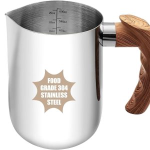 Milk Frothing Pitcher, 20oz Frother Cup 304 Stainless Steel 20oz, Wood