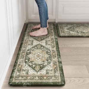 tKitchen Rugs Non Slip Cushioned Kitchen Floor Mats Set of 2 Green Anti-Fatig…