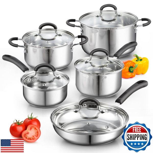 Cook N Home Stainless Steel Cookware Sets 10-Piece, Pots and Pans Kitchen Coo