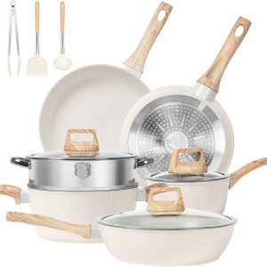 12 Pcs Kitchen Cookware Sets Nonstick Induction Cookware White Granite Cooking