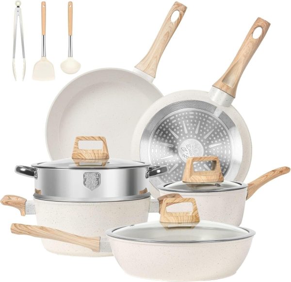 12 Pcs Kitchen Cookware Sets Nonstick Induction Cookware White Granite Cooking