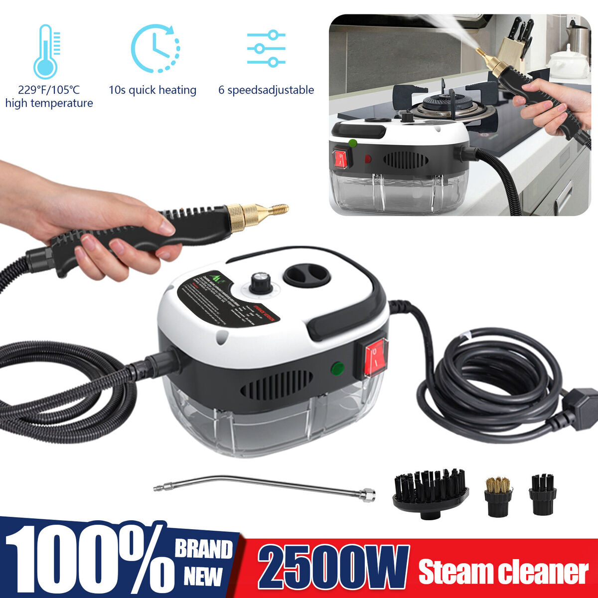 2500W High Temp Pressurized Steam Cleaner Machine Kitchen Portable Handheld B0C6