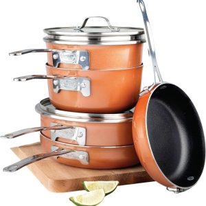 10 Pc Copper Pots and Pans Set Non Stick, Kitchen Cookware Sets, Space Saving