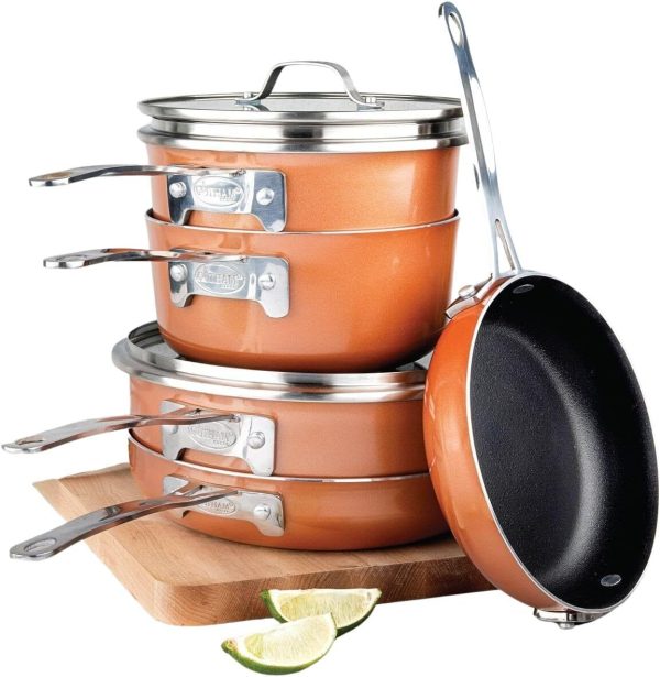 10 Pc Copper Pots and Pans Set Non Stick, Kitchen Cookware Sets, Space Saving