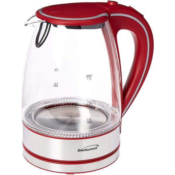 Brentwood Tempered Glass Tea Kettles, 1.7-Liter, Red Concealed Heating Elemen