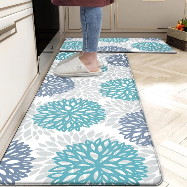 Teal Cushioned Anti-Fatigue Kitchen Mats Set of 2, Non-Slip and Waterproof