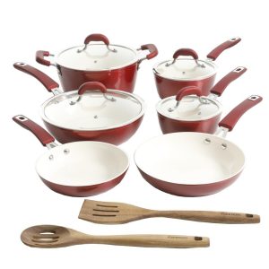 Kenmore Arlington 12-Piece Ceramic Pots and Pans Cookware Set – Metallic Red