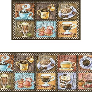 Colorful Coffee Kitchen Rugs and Mats Set of 2,Coffee Breaks Art Kitchen Decorat