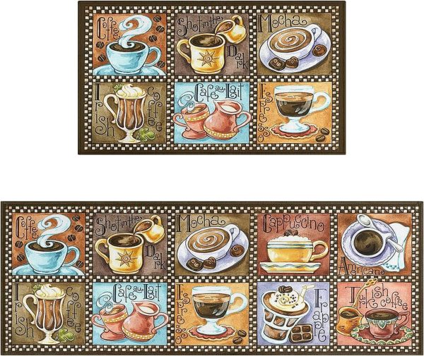 Colorful Coffee Kitchen Rugs and Mats Set of 2,Coffee Breaks Art Kitchen Decorat