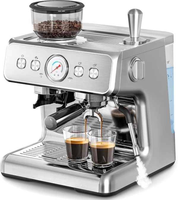 20 Bar Professional Espresso Maker with Milk Frother Steam Wand & Grinder