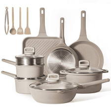 Carote Nonstick Cookware Sets, 16 Pcs Granite Non Stick Pots and Pans Set, Taupe