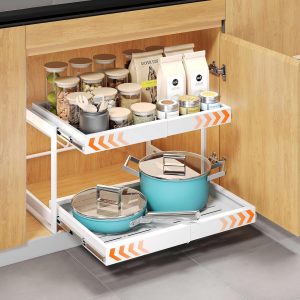 2 Tier Pull Out Cabinet Organizer, 21″ Depth Cabinet Pull Out Shelves, Expandabl