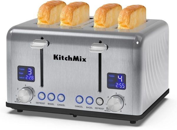 Toaster 4 Slice, KitchMix Bagel Stainless with LCD Stinless steel