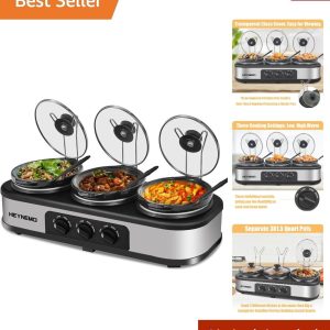 Triple Slow Cooker – 3×1.5 QT Buffet Servers – Adjustable Temp – Stainless Steel