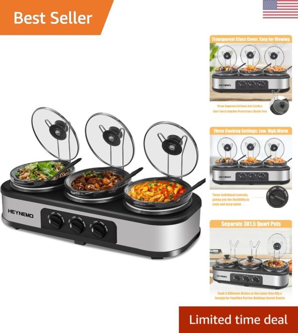 Triple Slow Cooker – 3×1.5 QT Buffet Servers – Adjustable Temp – Stainless Steel