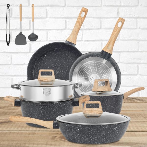 12Pcs Pots and Pans Set Nonstick Induction Cookware Set Granite Coated Pot Set .