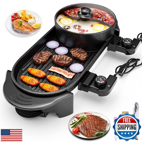 2 in 1 Electric Grill Hot Pot,Multifunctional Smokeless Grill Indoor Teppanya