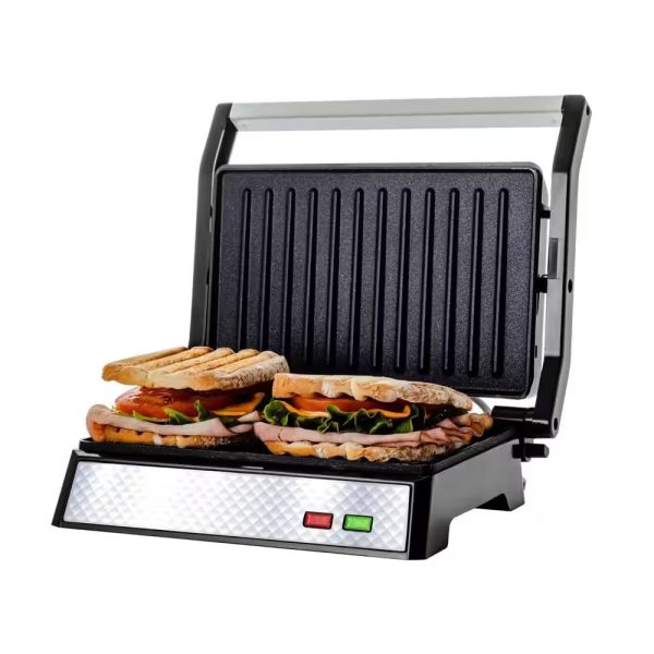 Nickel Brushed Electric Panini Press Grill 2-Slice Drip Tray Included