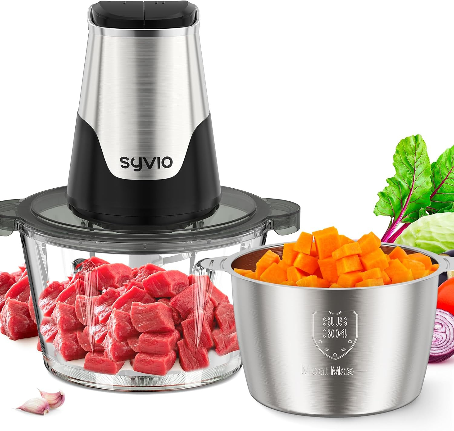 Food Processors with 2 Bowls, Meat Grinder 4 Bi-Level Blades, Mini Electric Food