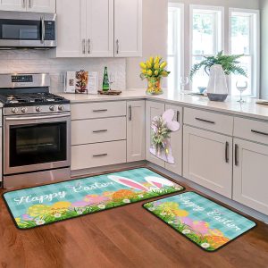 2 Pcs Easter Kitchen Rugs and Mats for Floor Non-Slip Backing Easter Eggs Bunny