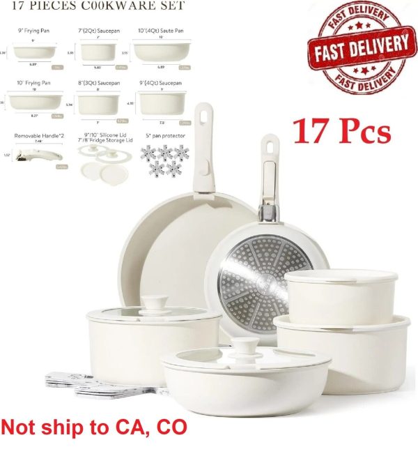 Carote Nonstick Cookware Sets, 17 Pcs Granite Non Stick Pots and Pans Set