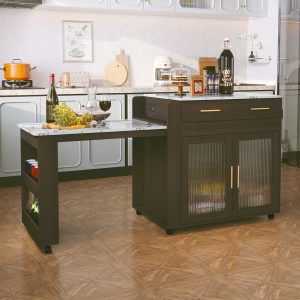 Extendable Kitchen Island on Wheel Rolling with Power Outlet Storage Cabinet