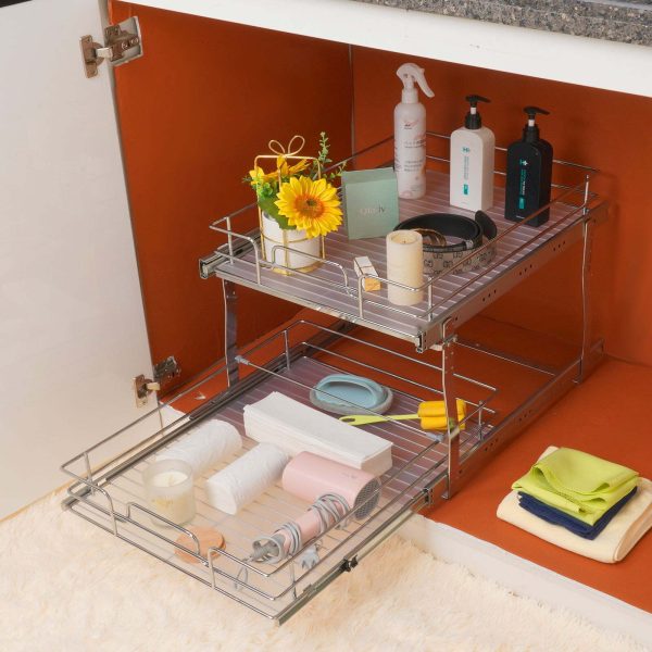 2 Tier Wire Pull Out Cabinet Under Sink Organizer Shelf 18”x20” Drawer Basket