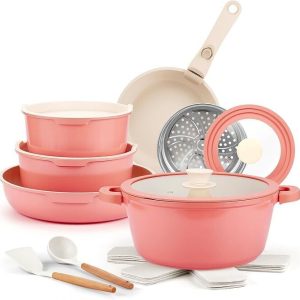 Ceramic Pots and Pans Set Non Stick Pink, 19 Pcs Nonstick Cookware Set