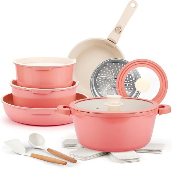 Ceramic Pots and Pans Set Non Stick Pink, 19 Pcs Nonstick Cookware Set