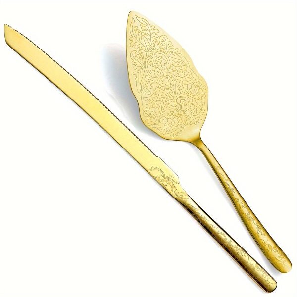 Gold Wedding Cake Knife and Server Set,Titanium Gold Plating With Unique Pattern