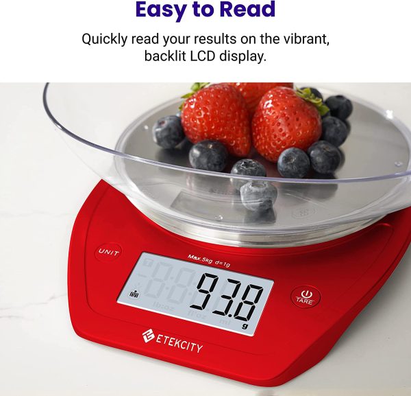 Red Stainless Steel .1G Food Kitchen Scale Bowl Digital Grams Ounces 11Lb/5KG