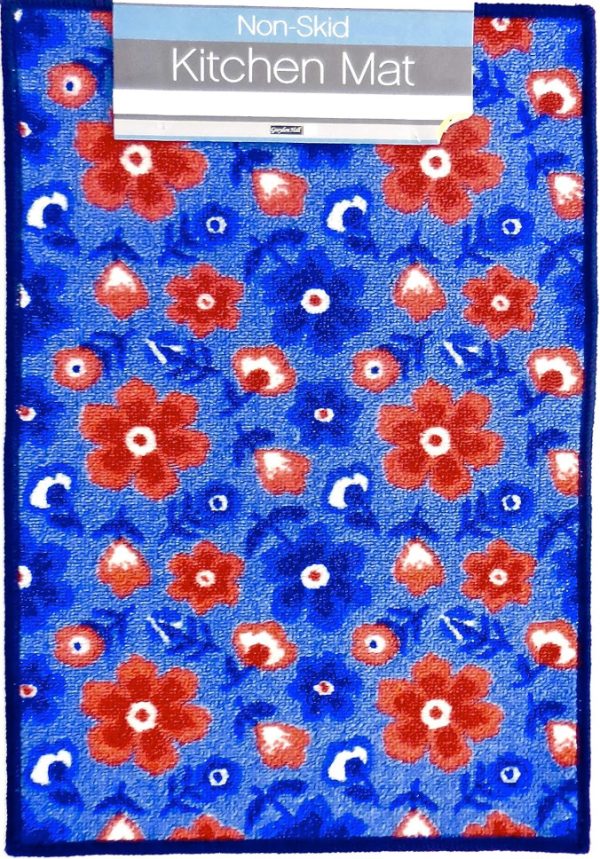 Kitchen Mat Floral,Non-Skid,Blue,Red Flowers,16″ x 24″