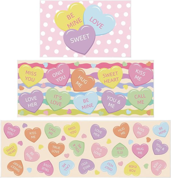 Newwiee Sets of 3 Valentine Kitchen Rugs Non Slip Conversation Hearts Kitchen Ma