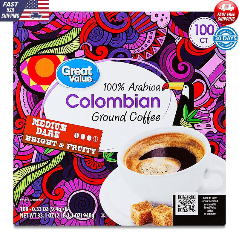 100 Count Colombian Medium Dark Roast Coffee Pods Arabica Flavor Easy Brew New