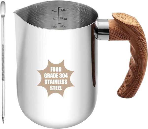 Milk Frothing Pitcher, 20oz Frother Cup 304 Stainless Steel 20oz, Wood