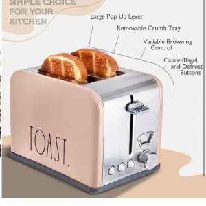 RAE DUNN Stainless Steel 2 Slice Square Toaster Wide Slot-BLUSH FREESHIP