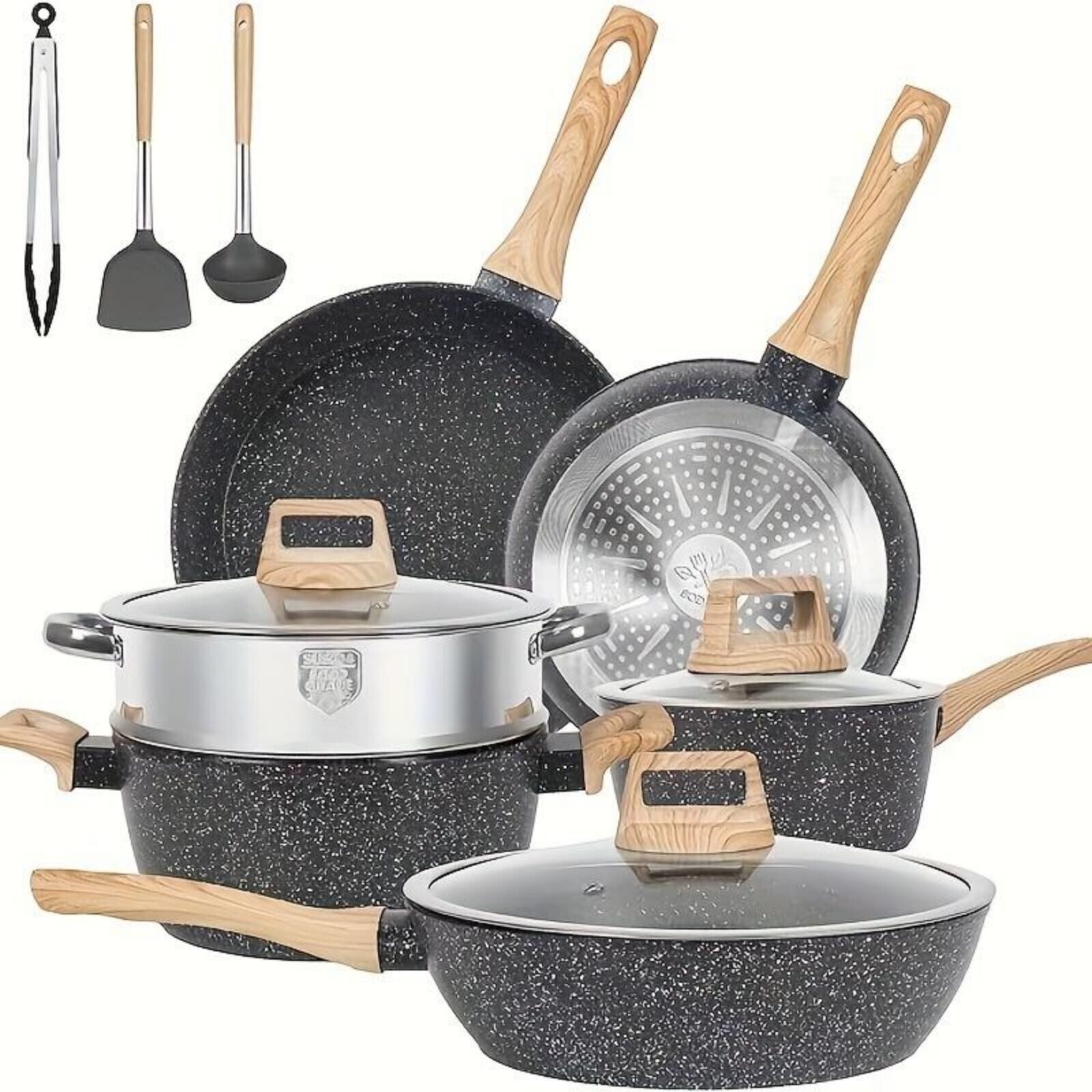 SODAY 12-Piece Non-Stick Cookware Set With Induction Compatible Granite Coating