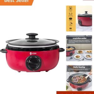 3.5 Quart Red Slow Cooker – Aluminium Sear/Sauté Stew Pot – Dishwasher Safe