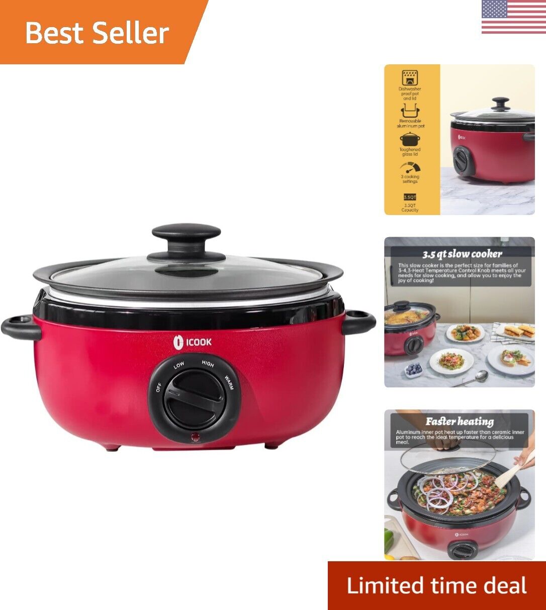 3.5 Quart Red Slow Cooker – Aluminium Sear/Sauté Stew Pot – Dishwasher Safe