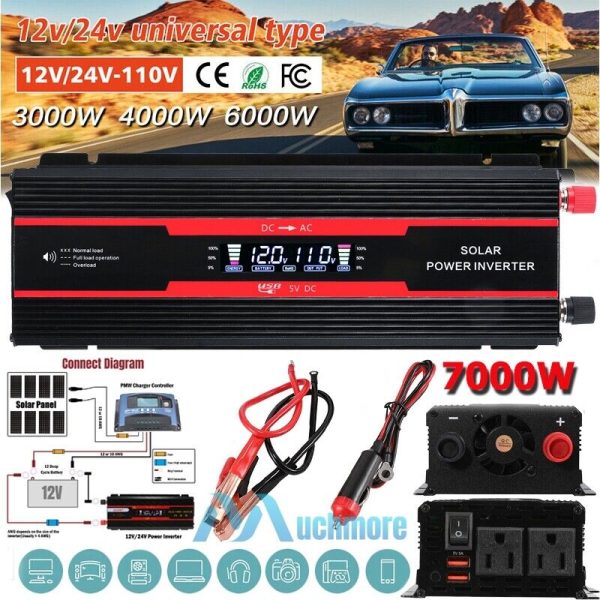 7000W LCD Power Inverter for Vehicles DC 12V to 110V AC Car Converter w/ 5A USB