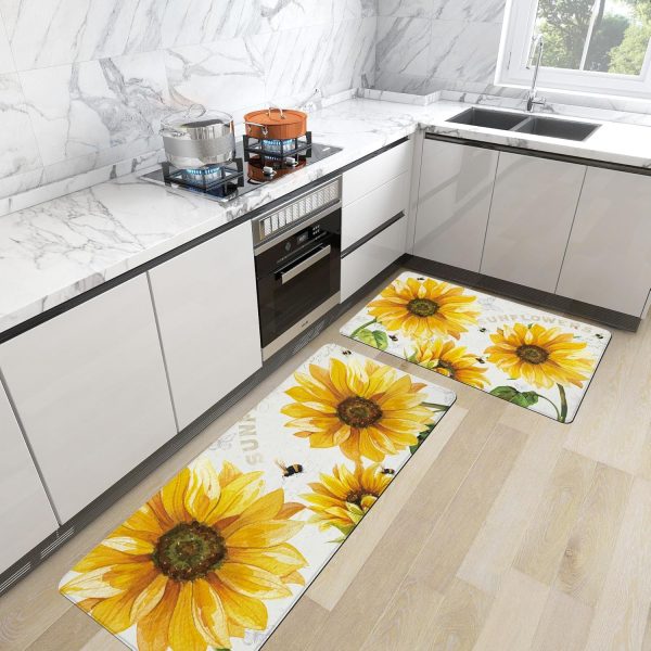 Vintage Yellow Sunflower Kitchen Rugs Mats Set of 2 Non-Slip Anti-Fatigue