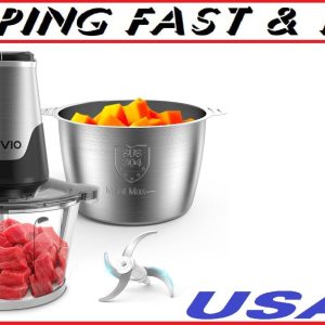 Food Processors with 2 Bowls, Meat Grinder 4 Bi-Level Blades, Mini Electric Food