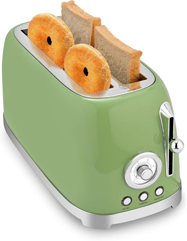 Toaster 4 Slice Wide Slot, Stainless Steel Bread Bagel Toasters, Retro Green