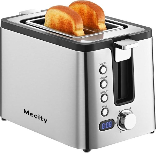 Mecity Toaster 2 Slice Stainless Steel Toaster Countdown Timer, Bagel/Defrost/Re